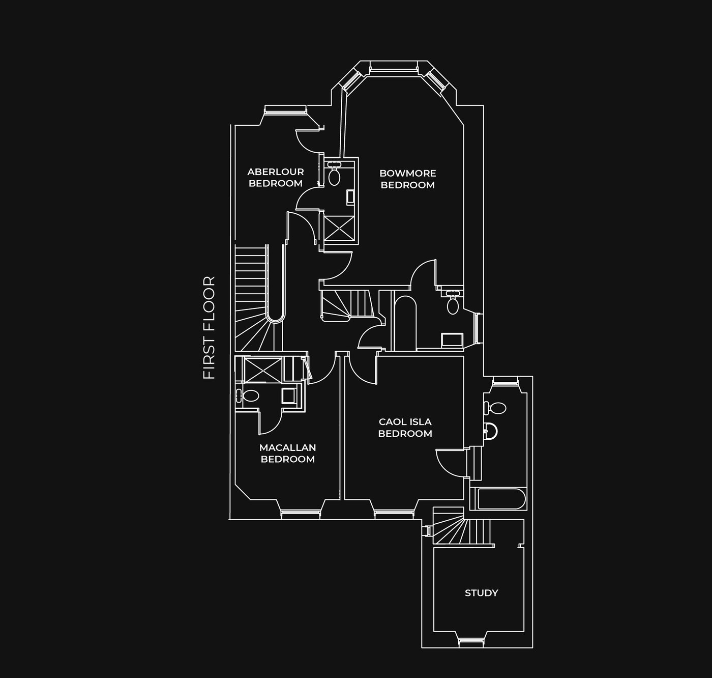 First floor plan of 94DR with Aberlour, Bowmore, Macallan, Caol Ila bedrooms and Study