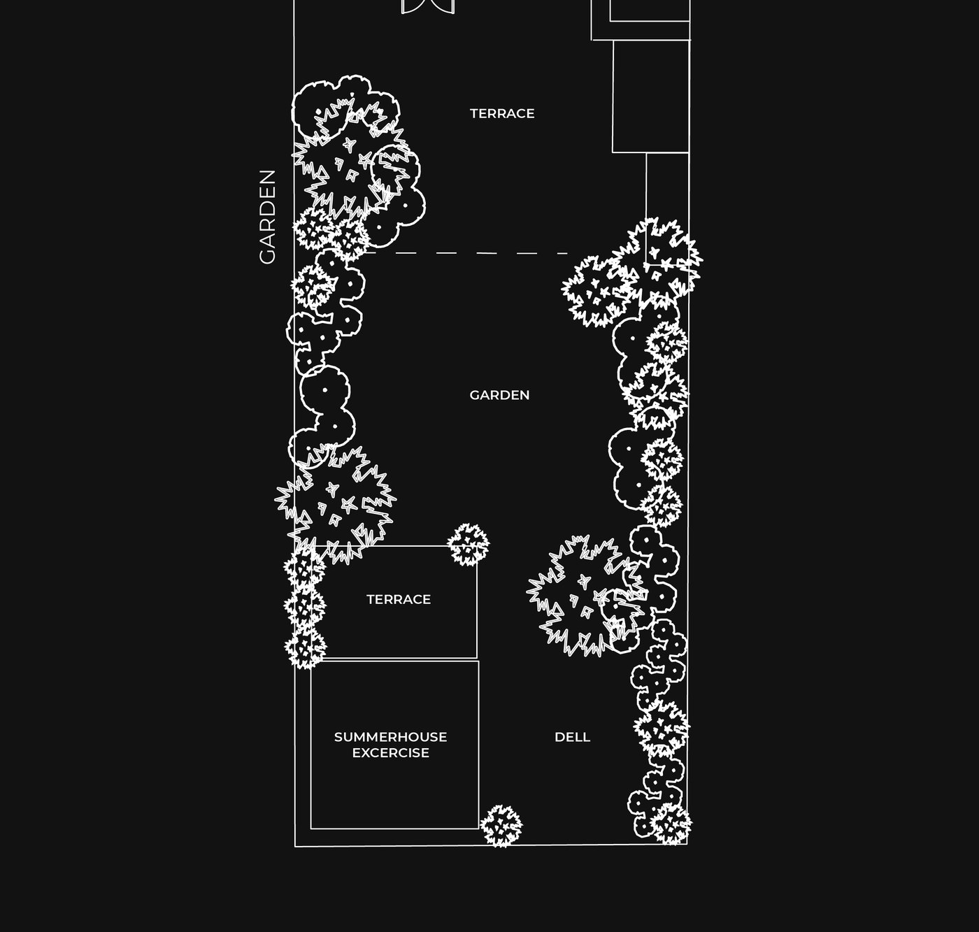 Garden plan of 94DR showing terrace, walled garden, dell and summerhouse