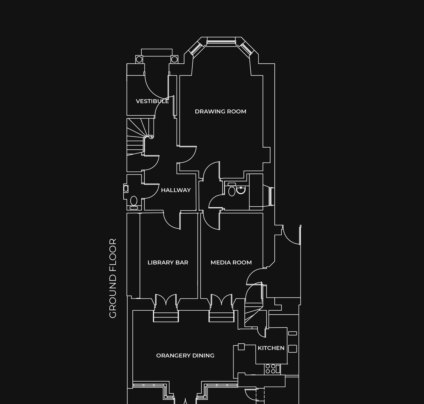 Ground floor plan of 94DR showing Vestibule, Drawing Room, Library Bar, Media Room, Orangery and Kitchen
