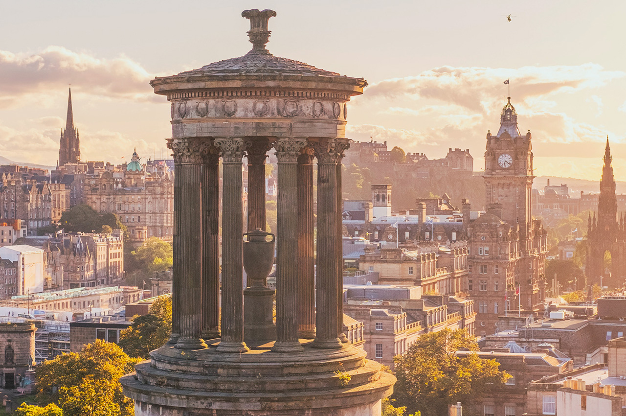 Edinburgh skyline from Calton Hill at sunset