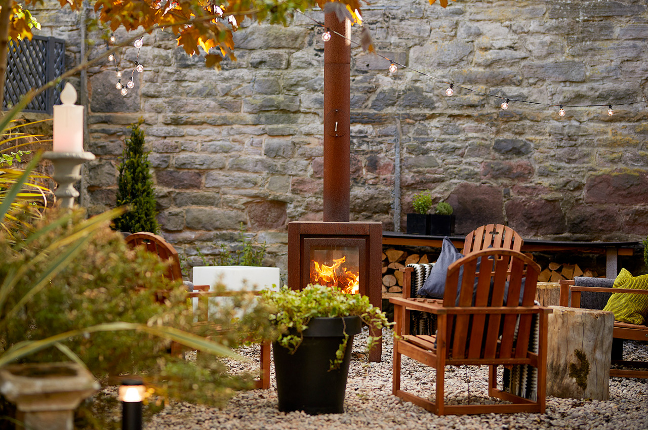 The garden dell and wood-burning stove at dusk